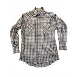 Ely Cattleman Shirt Mens Medium Blue Plaid Western Pearl Snaps Long Sleeve
